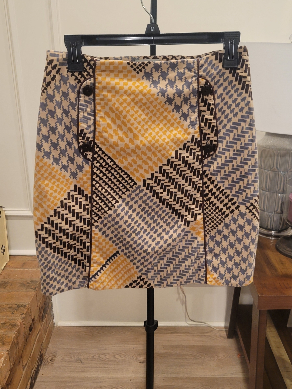 Maeve Anthropologie Geometric Patchwork Mini Skirt in Yellow, Black & Gray